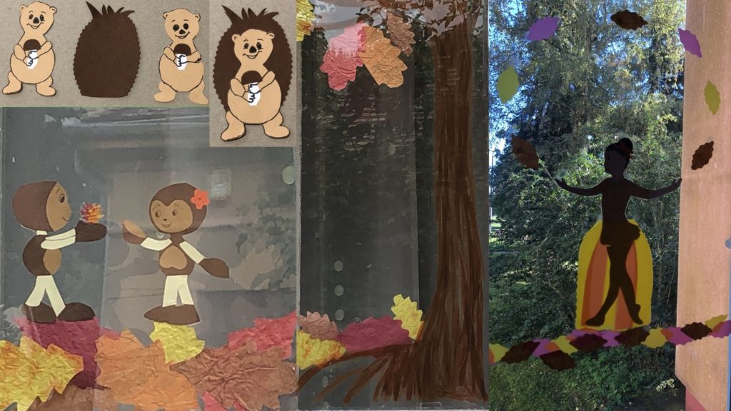 őszi ablakképek, őszi fa, kippkopp és tipptopp levelek között, ősztündér