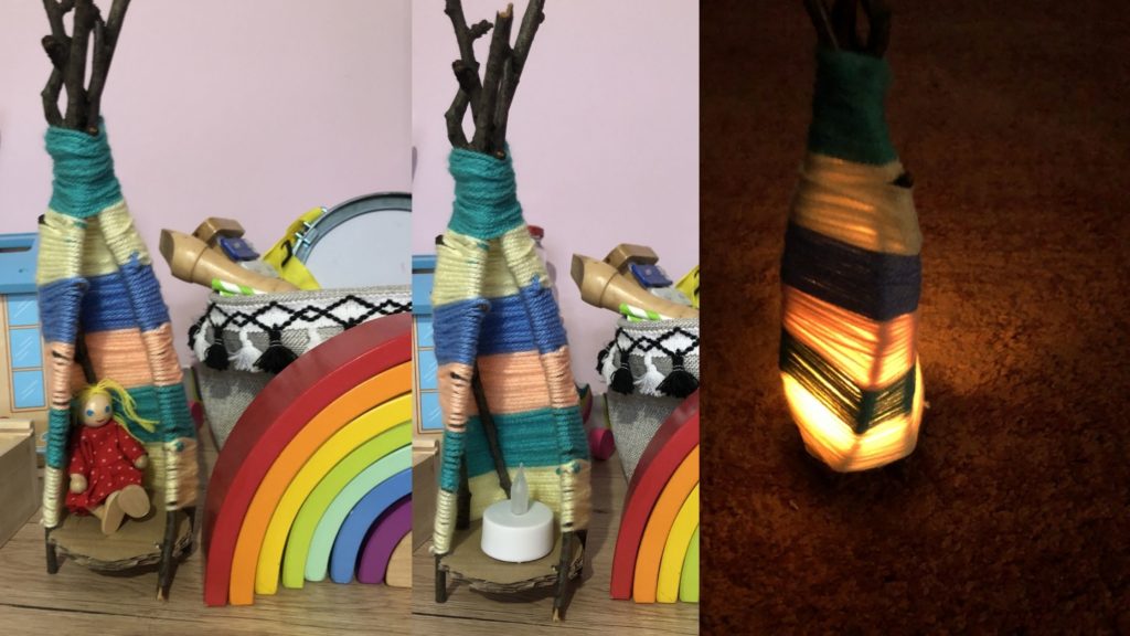 kész botsátorban fa játékbaba, LED mécses, kész botsátor sötétben világító LED mécsessel