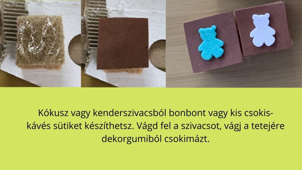 mosogatószivacs kocka tetejére barna dekorgumi négyzet ragasztása