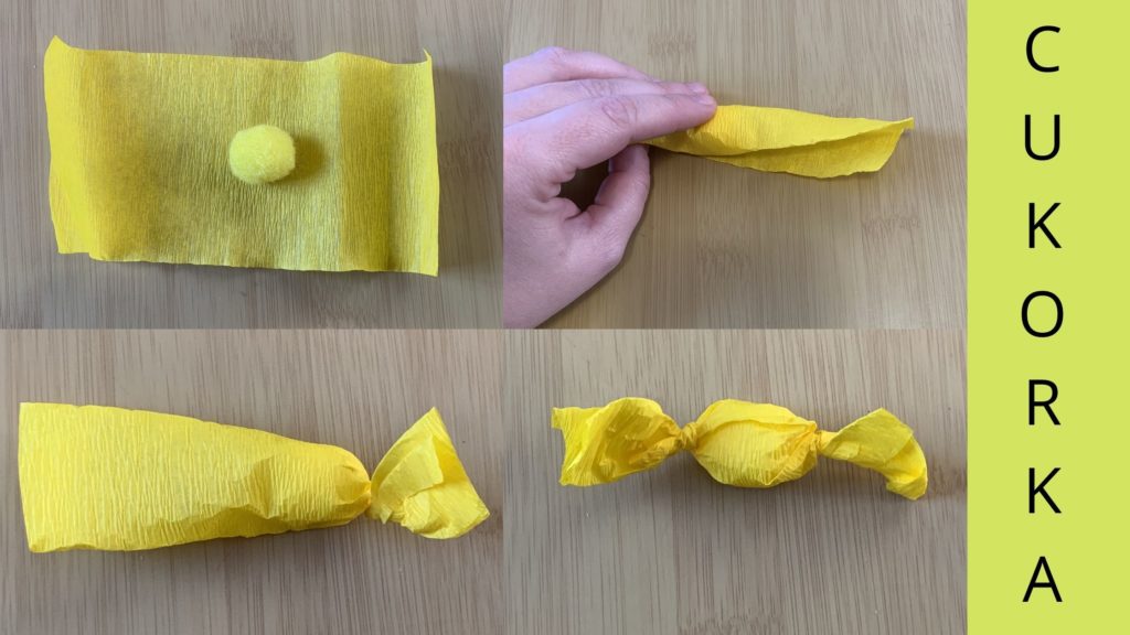 krepp papír téglalapba pompon csomagolása, hogy mű cukorka legyen
