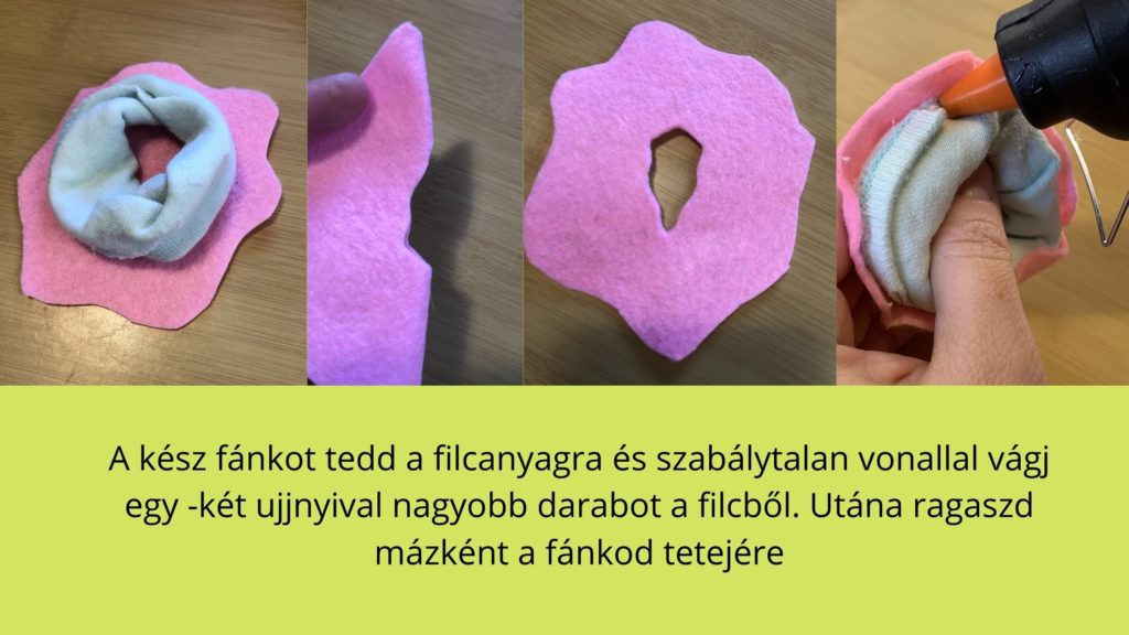 zokniból készült fánkformára filcanyagból máz ragasztása