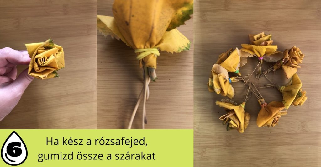 sárga hárslevélből rózsa hajtogatása, harmadik lépés, gumizd össze a szárakat