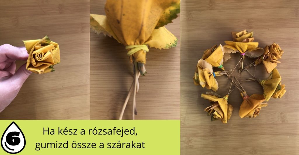 sárga hárslevélből rózsa hajtogatása, harmadik lépés, gumizd össze a szárakat