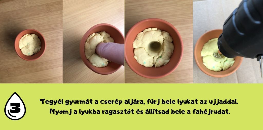 az apró cserépbe tegyél gyurmát, fúrj bele lyukat az ujjaddal, nyomj bele ragasztót és állítsad bele a fahéjrudat