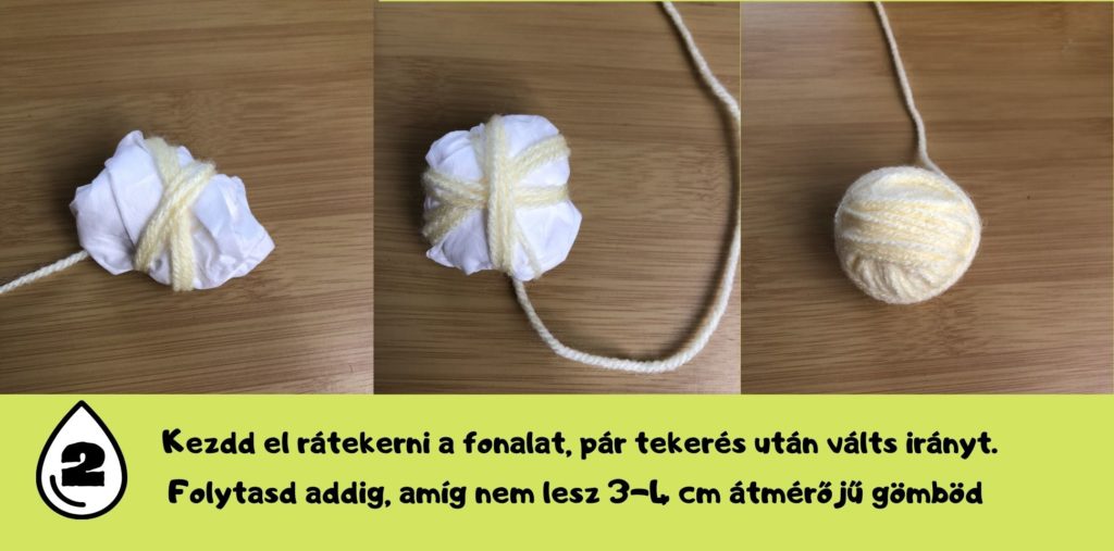 tekerd folyamatosan forgatva a fonalat míg 3-4 cm-s gömb nem lesz