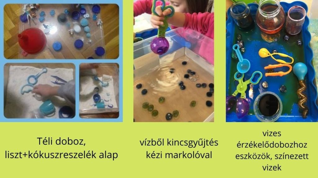 liszt és kókuszreszelék alapú téli érzékelődoboz, vizes dobozban díszkavicsok, díszkavics kiszedése kézi markolóval, vizes dobozhoz eszközök, pipetta, merőkanál, kézi markoló, krokodilcsipesz, színezett vizek üvegekben