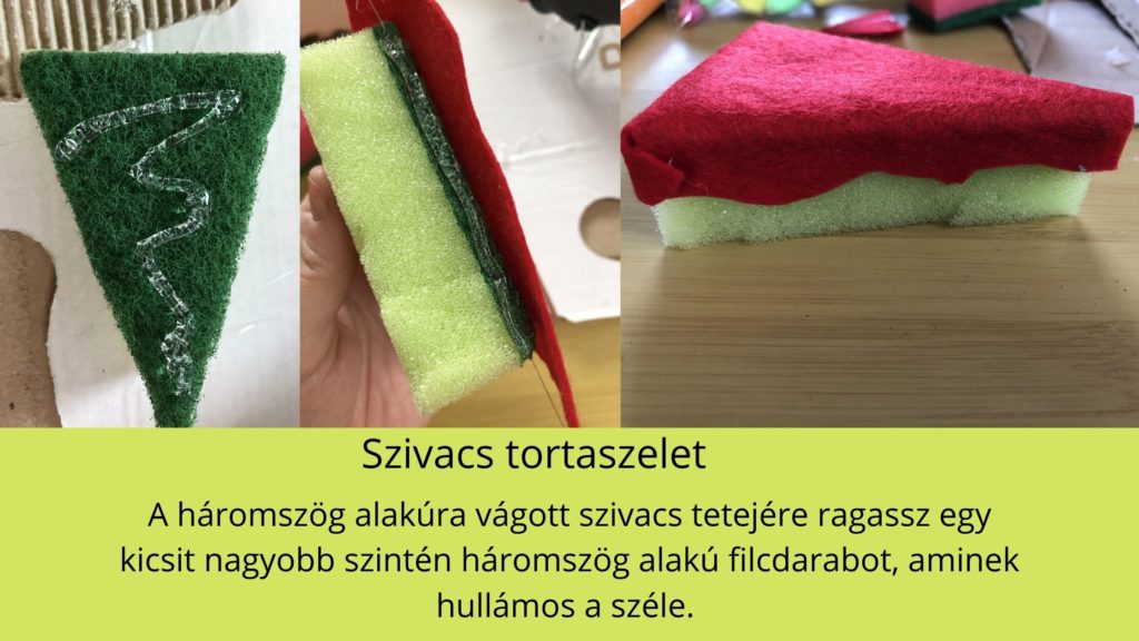Mosogatószivacs háromszög alakra vágva, tetejére filcanyag ragasztva