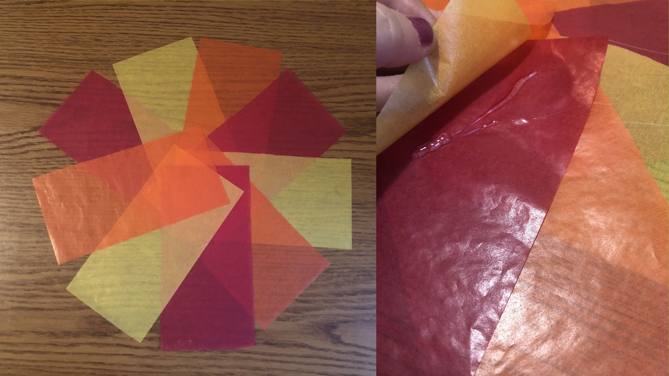 piros, narancs és sárga transzparenspapír csíkok kör alakban az asztalon