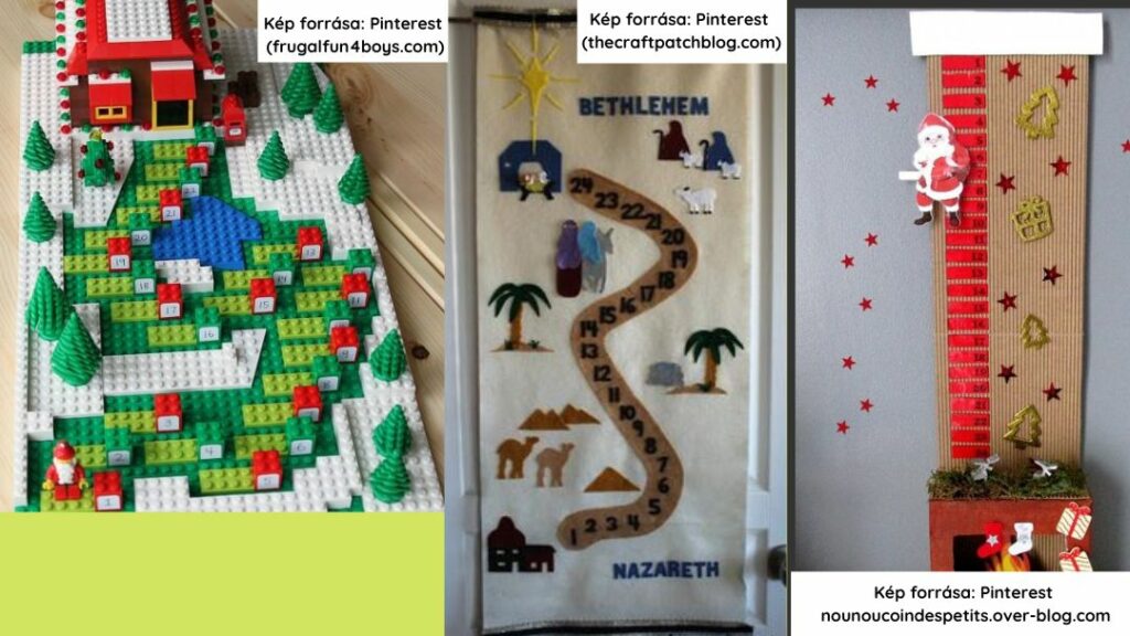 lego naptár mikulás halad a ház felé, filc naptáron teve halad betlehembe, kéményen ereszkedik a kandallóig a mikulás