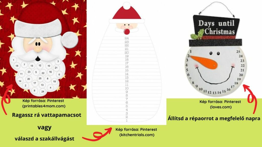 mikulás szakállára kell vattapamacsokat ragasztani, mikulás szakállából kell minden nap vágni, hóember répaorrát kell a megfelelő napra állítani