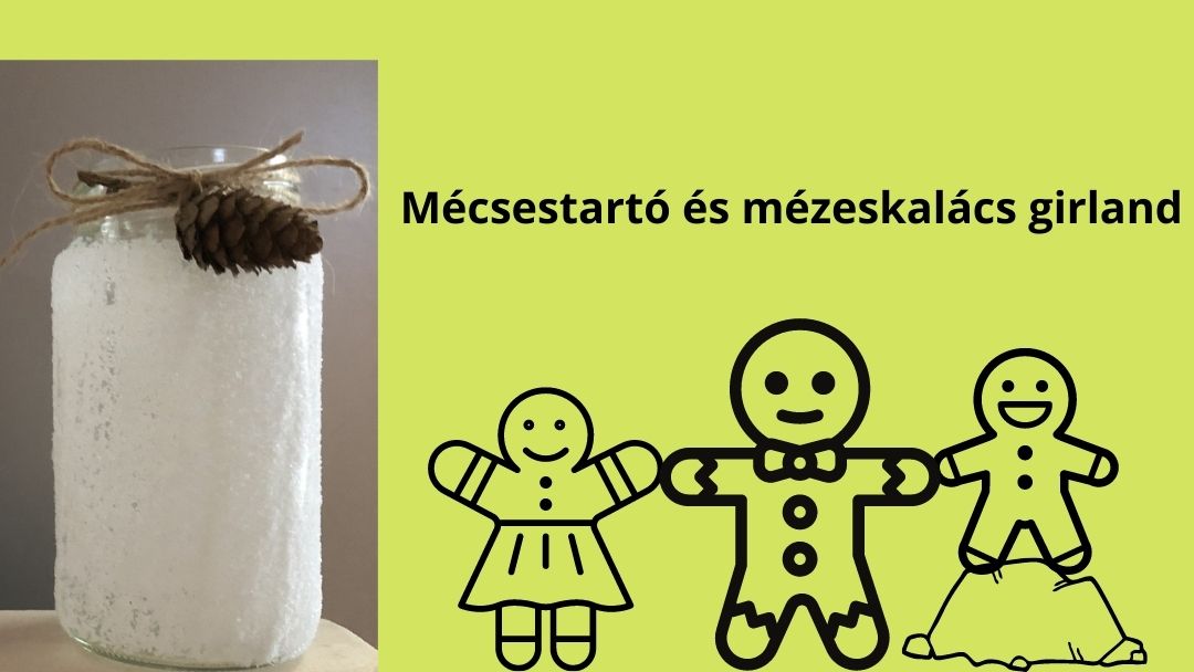 üveg és mézeskalács emberkés girland sóval borított havas hatású mécsestartó, mellette kislány, felnőtt és kisfiú mézeskalács emberkék