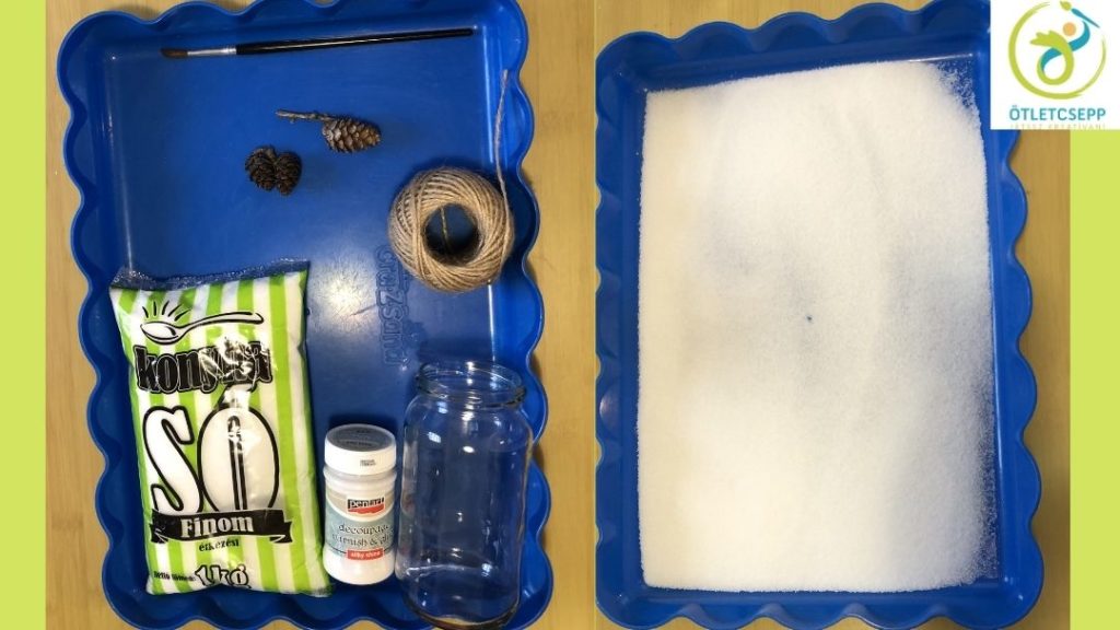 kék tálcán só, ecset, decoupage ragasztó, befőttes üveg, mellette kék tálcára kiöntve só