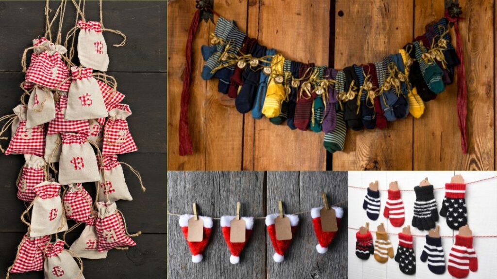 zsákok, mikulássapkák, kesztyűk, zoknik lógatva, csipeszelve