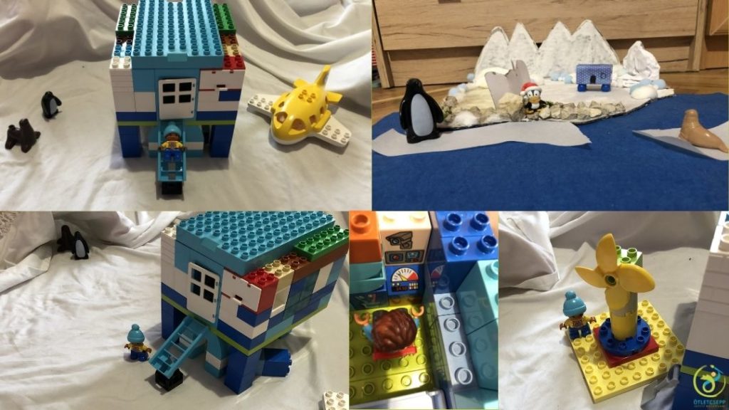 duplo kockákból épült kutatóállomás fehér lepedőn, duplo figurákkal