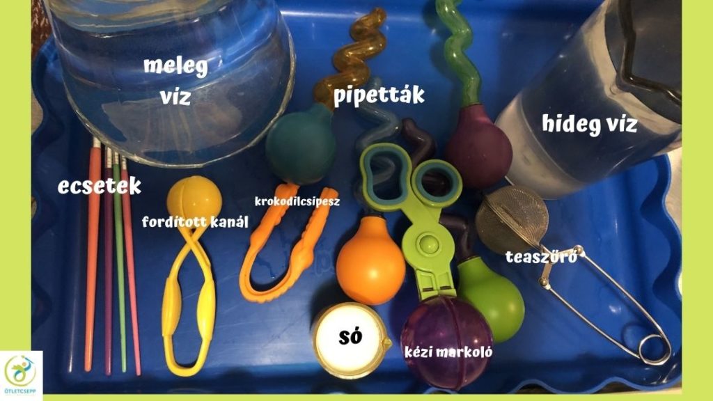 kék tálcán hideg és melegvíz, só, különböző eszközök: ecsetek, pipetták, fordított kanál, kézi markoló, krokodilcsipesz, teaszűrő