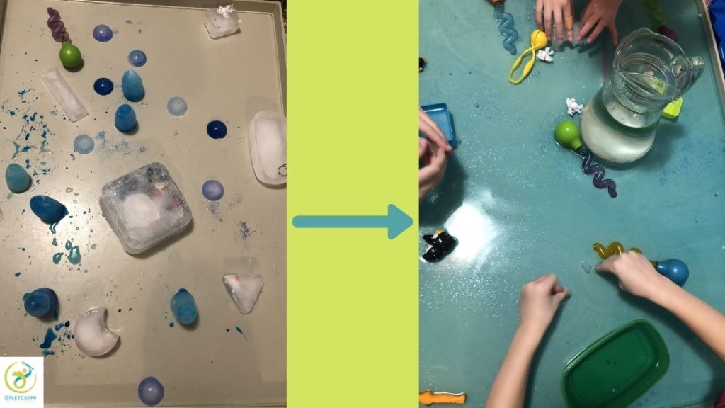 bal oldali képen a kezdeti állapot: nagy jégtömb, kisebb jégformák, kúpok, félgömbök, jobb oldalon a végeredméyn, minden jég elolvadt, kék csillogó sós víz maradt a tálcában
