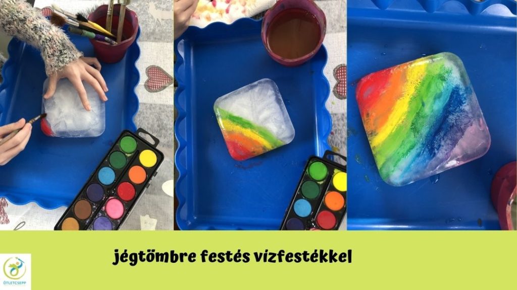 jégtömbre vízfestékkel fest egy gyerekkéz, a végén kész színes jégtömb