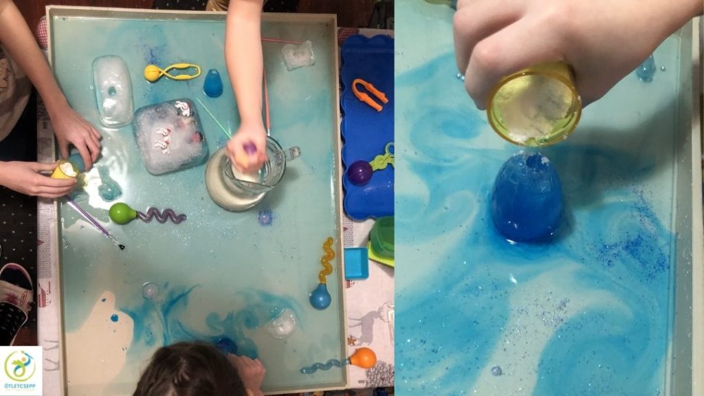3 gyerekkéz jégtömböt olvaszt pipettából folyatott melegvízzel egy tálca felett, a jobb oldalon kisebb kép, ezen kék jégkúpra sót önt egy gyerekkéz
