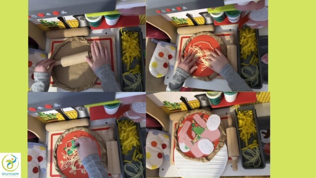 játék pizza készítése, nyújtás, szósz, sajt, feltétek