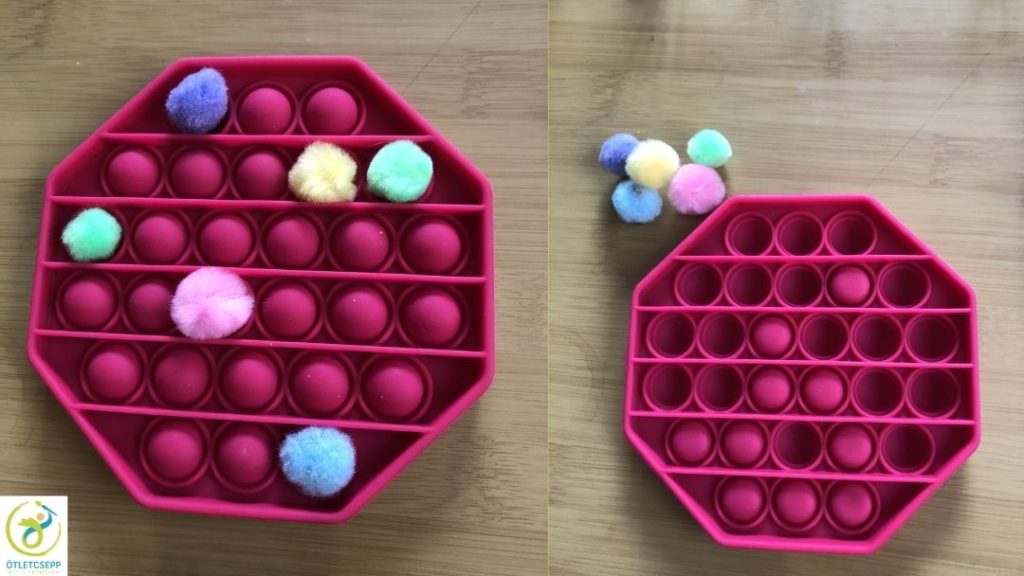 push pop bubble forma, benne néhány helyen pompon, mellette forma átfordítva, néhány buborék fent, többi lenyomva