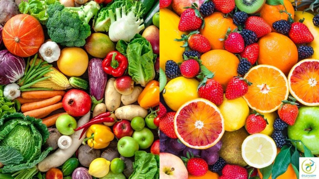 bal oldalon vegyesen sokféle zöldség, jobb oldalon sokféle gyümölcs
