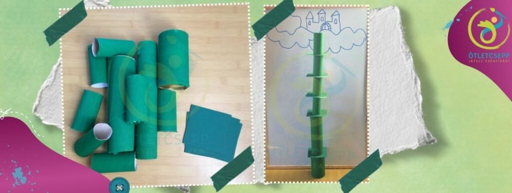 bal oldalon különböző méretű zöld papírral bevont hengerek és négyzet alakúra vágott zöld kartonlapok.
jobb oldalon egy táblára rajzolt kastély előtt a földtől indulva váltakozva henger, kartonlap, henger, kartonlap, így a kastélyig ér a babszár