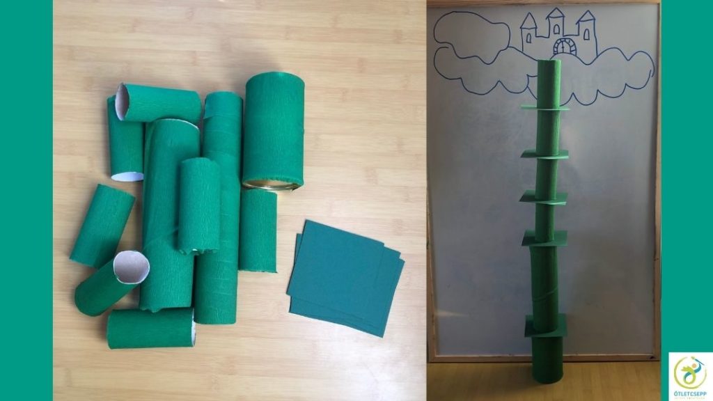 zöld krepp papírral bevont hengerek, mellettük 10x10es zöld kartonból kivágott négyzetek. Másik képen whiteboard táblára rajzolt felhők és kastély, előtte a kész babszár (henger, négyzet, henger, négyzet váltakozva)