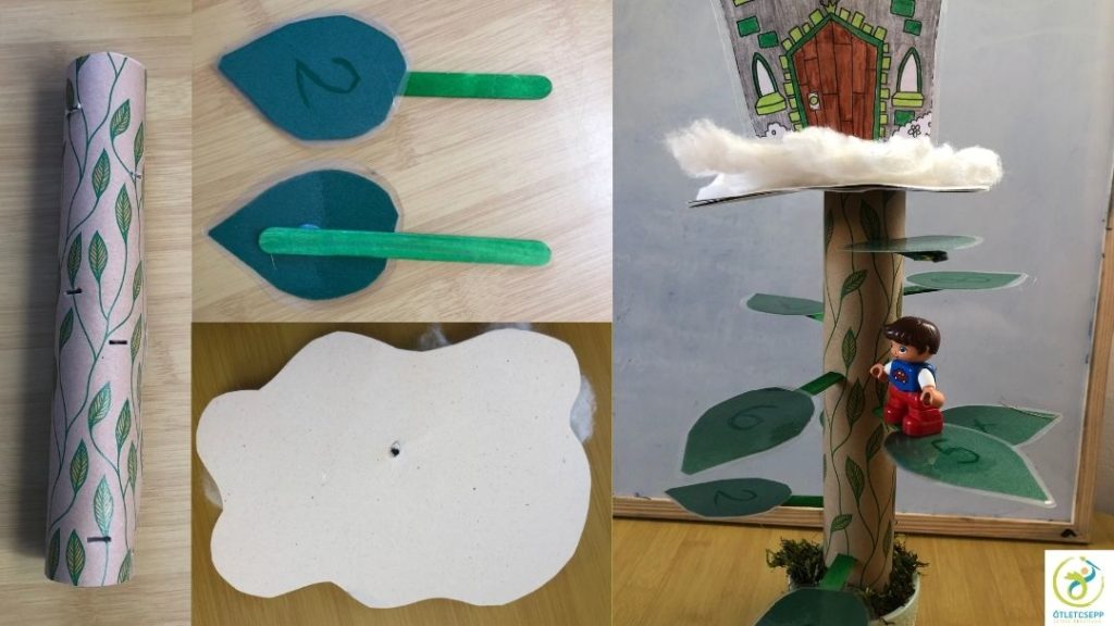 henger bevágásokkal, laminált levél spatulára ragasztva, felhő forma átszúrva, kész baszár levelekkel, felhővel, rajta kastély