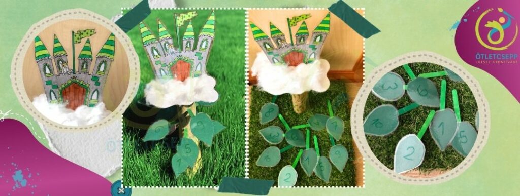 kész babkastély kint és szobában műfüvön fotózva. Két körben kinagyítva maga a kastély és a számozott levelek.