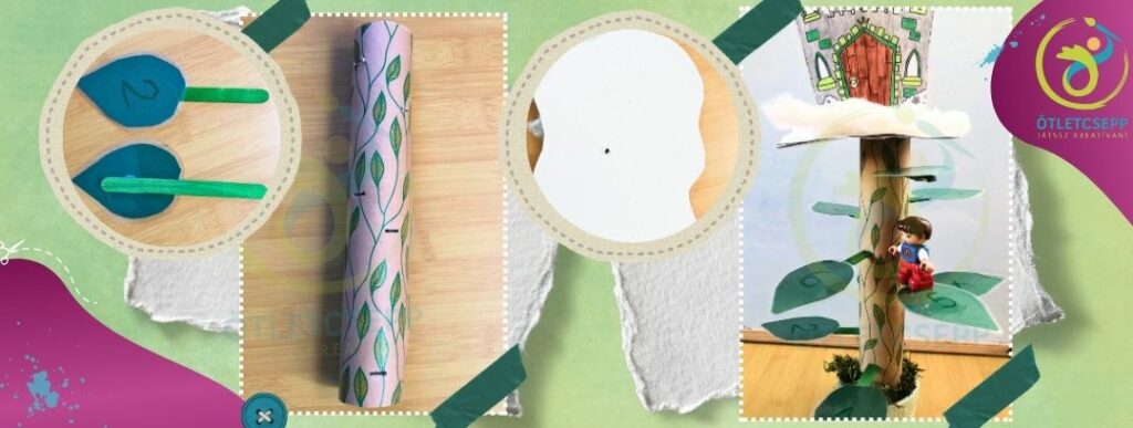 bal oldalon egy spirál alakban felfelé haladó minta szerint körben bevagdosott papírhenger indamintával, mellette kis körben spatulára ragasztott levél
jobb oldalon a levelek bele vannak tűzködve a papírhengerbe, a henger tetején karton felhő vattával, azon kastély papírból. Az egyik levélen egy kisfiú lego duplo figura áll