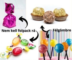 egy bonbon, aminek felül csavart a papírja, 3 szem cukorka, ferrero bonbon, nyalókák
