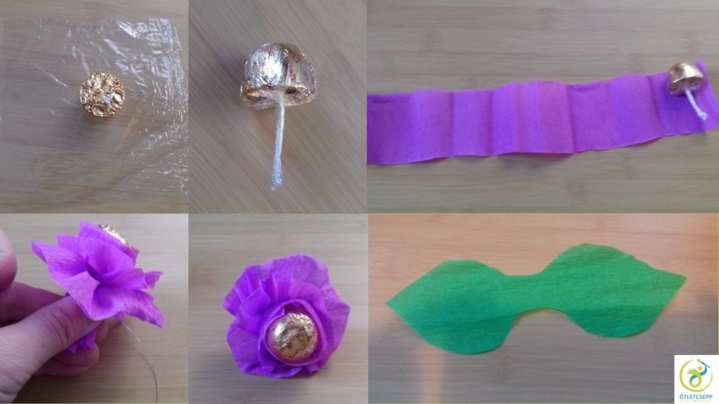 bonbon folpack négyzet közepén, majd betekerve a folpackba, lila krepp csík szélén, feltekerve virág formában. Zöld levél kivágva
