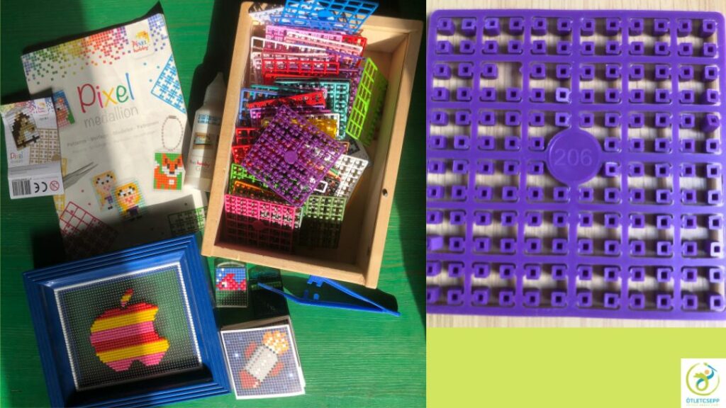 pixelhobby eszközök, kész kép, kulcstartó, mintafüzet. Egy pixellap közelről, rajta a színkóddal