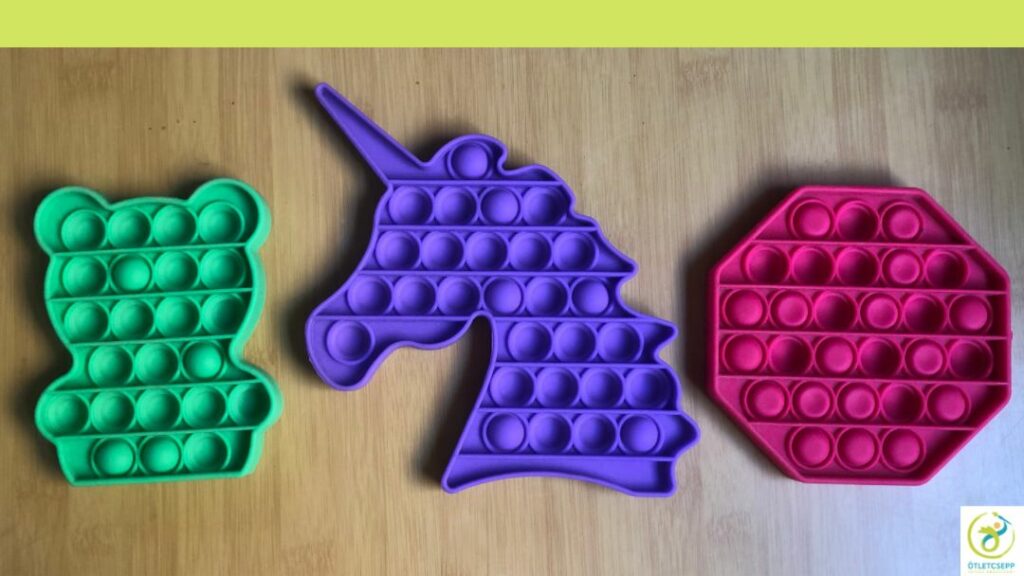 3 pop it tábla, zöld mackó, lila unikornisfej, hatszög