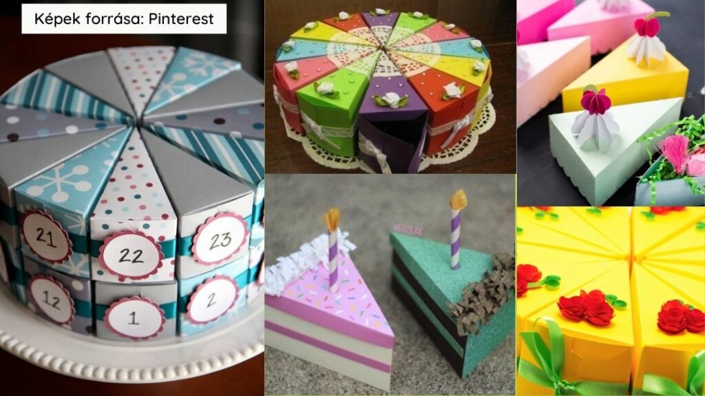 különböző mintájú, díszítésű papír torták