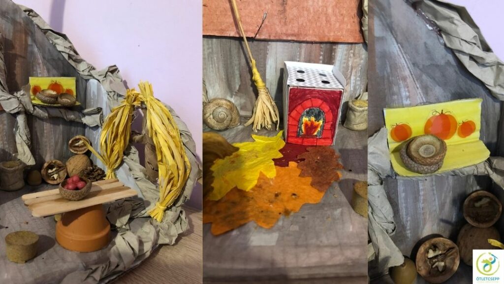 ablak raffia függönnyel, tűzhely és levélszőnyeg