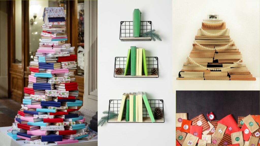 könyvek fenyő formában elrendezve síkban, térben, polcon