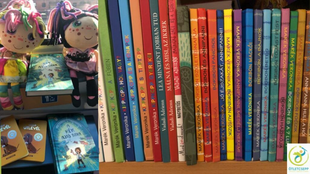 vonaton két plüss baba közt aA kék ajtó titka című könyv, ugyanez 2 kajla útlevéllel, sok-sok könyv gerince egy könyvespolcon