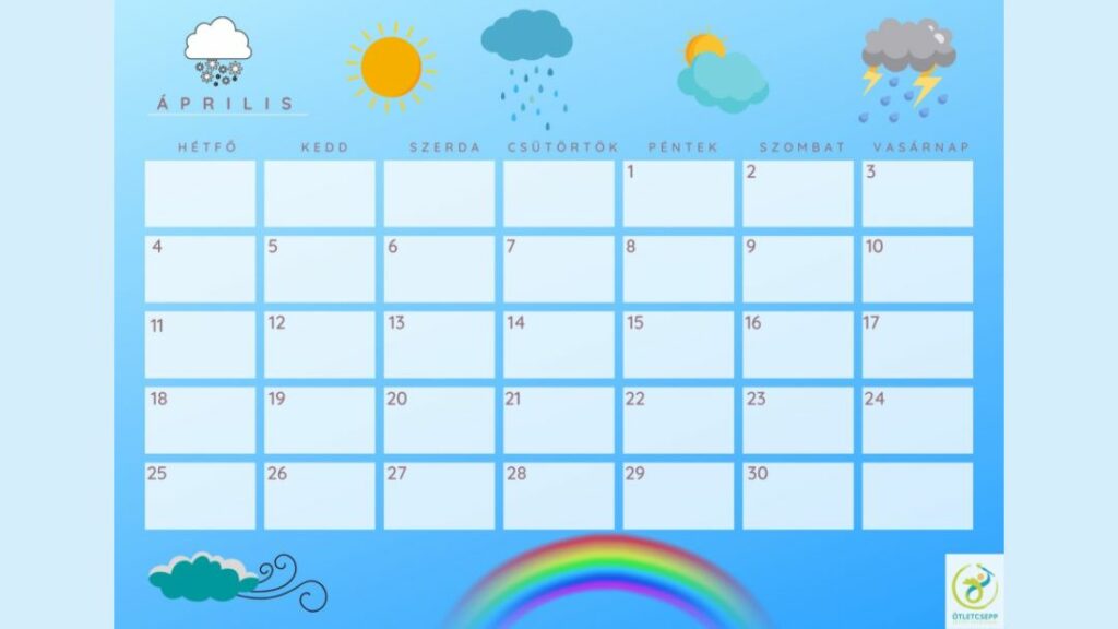 időjárás megfigyelése áprilisi naptárlap