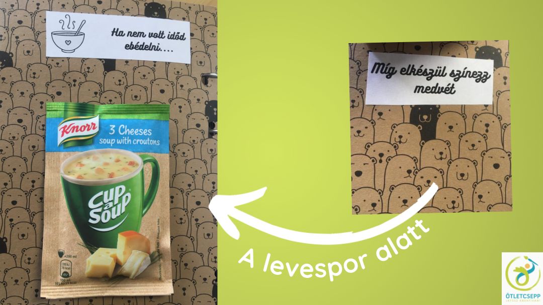 medvékkel teli oldalra zacskós leves ragasztva, alatta felirat: míg elkészül színezz medvét