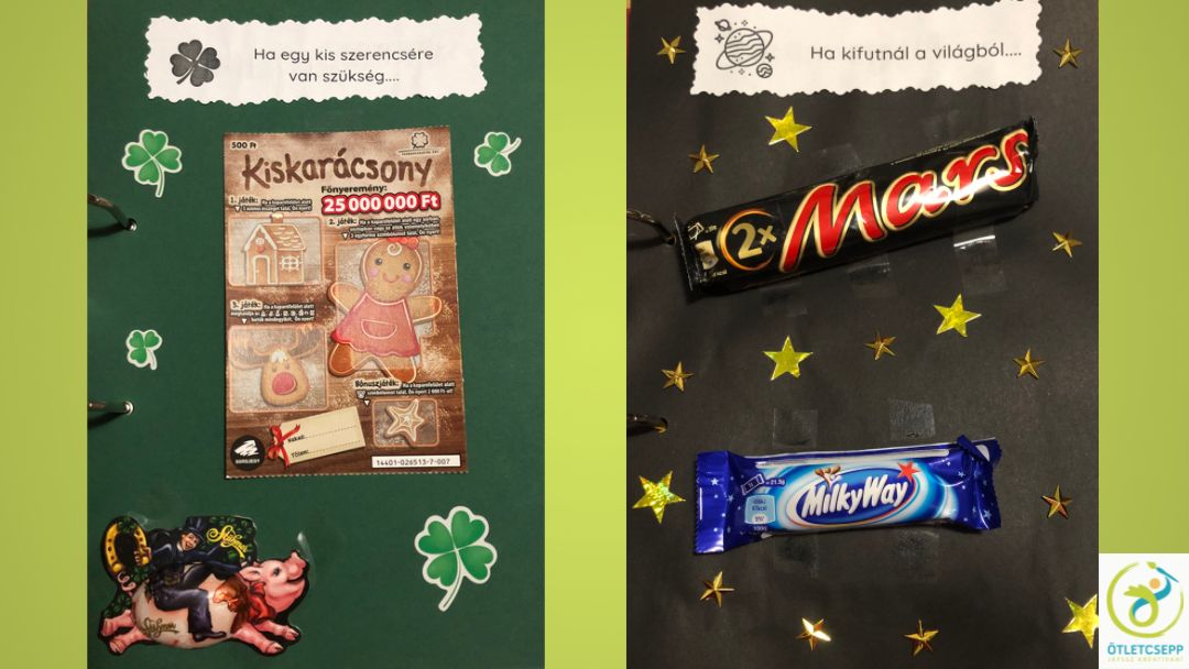 2 oldal ha könyvből: ha kell egy kis szerencse kaparós sorsjegy, ha kifutnál a világból mars és milkyway csokik