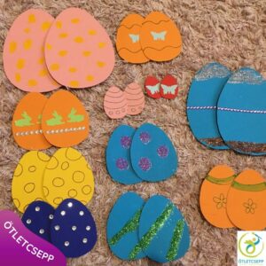 karton tojások páronként díszítve csillámmal, formákkal