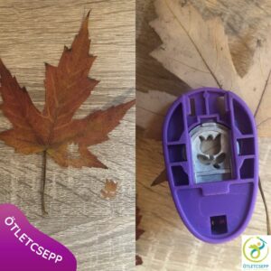 préselt falevélből tulipán minta vágva, mellette a formalyukasztó felfordítva, benne a falevél