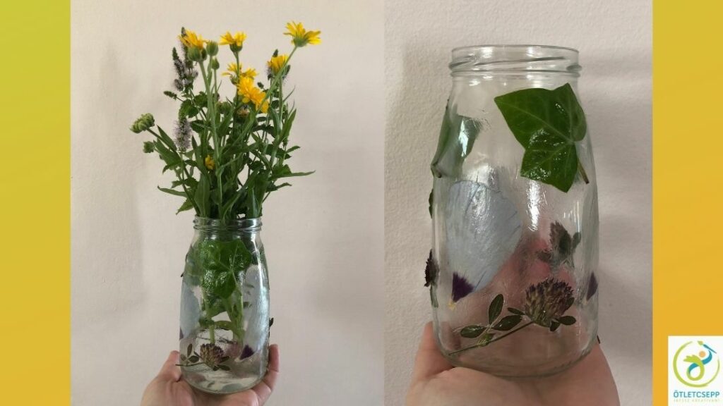 laminált növényekkel dekupázsolt befőttesüveg ürsen és virágcsokorral vázaként