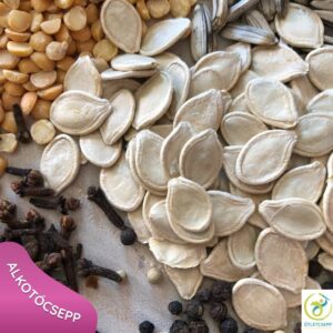 tökmag, sárgaborsó, szegfűszeg és színes szemes bors közelről fotózva