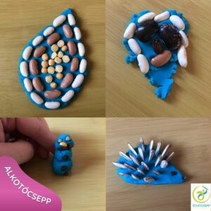 gyurma alapba termések. Csepp alakú babkkal, szív babbokkal, hóember borssal, szegfűszeggel, süni szegfűszeg orral, bors szemmel, napraforgómag tüskékkel