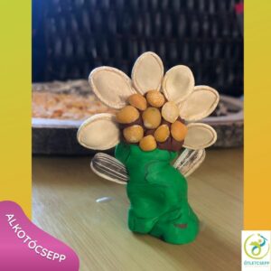 virág 3D gyurmaforma, szotyi levelekkel, sárgaborsó középpel, tökmag szirmokkal