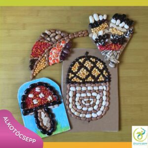 falevél és szív forma kirakva, süllyesztett makk alap kirakva, gomba kirakva háttérrel