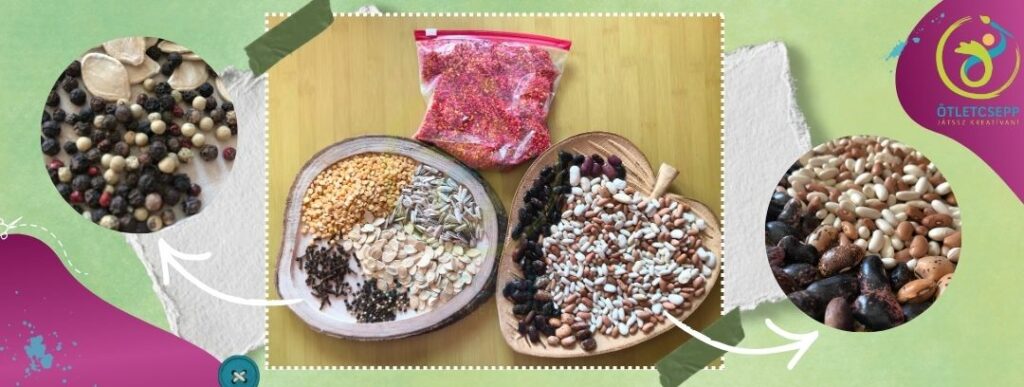 középen egy kerek fatálon napraforgó, tökmag, sárgaborsó, szegfűszeg, színes bors, mellette levél formájú fatálon különböző színű, mintázatú babszemek, felettük zacskóban piros-narancs színűre festett rizs. Két kisebb körben kinagyítva színes bors és babok.