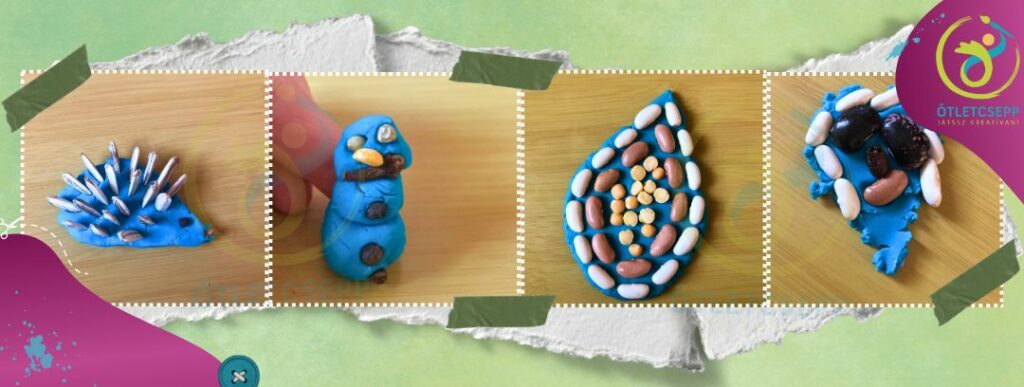 balról jobbra:
lapos gyurmasüni napraforgómag tüskékkel, 3d hóember bors gombokkal, szemekkel, sárgaborsó orral, szegfűszeg szájjal, esőcsepp alak fehér, halványbarna babokkal és sárgaborsóval, fej fehérbab hajjal, sötét bab szemekkel, halványbarna bab szájjal